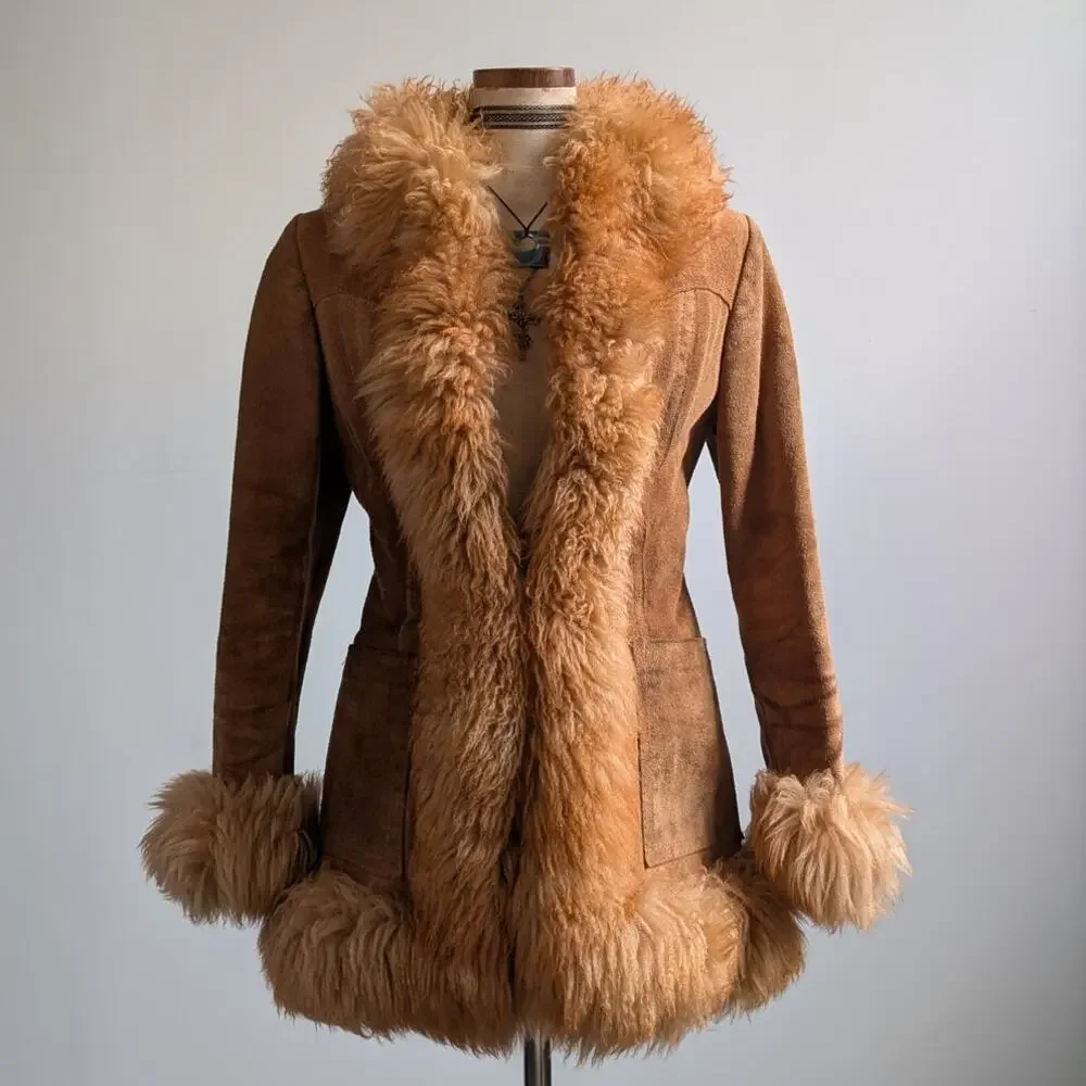 Vintage Rusty Orange Suede Penny Lane Jacket Leather Trench Coat Fur Coat Small - Picture 9 of 10